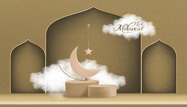 Vector sislamic 3d podium with fluffy cloud pink gold crescent moon and star hanging on yellow background