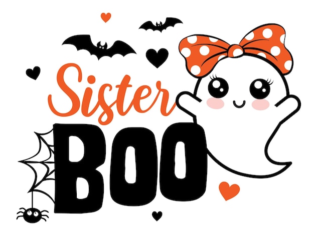 Illustrazione vettoriale di sister boo halloween con graziosi cuori fantasma ragno e pipistrelli design di halloween per ragazze isolato