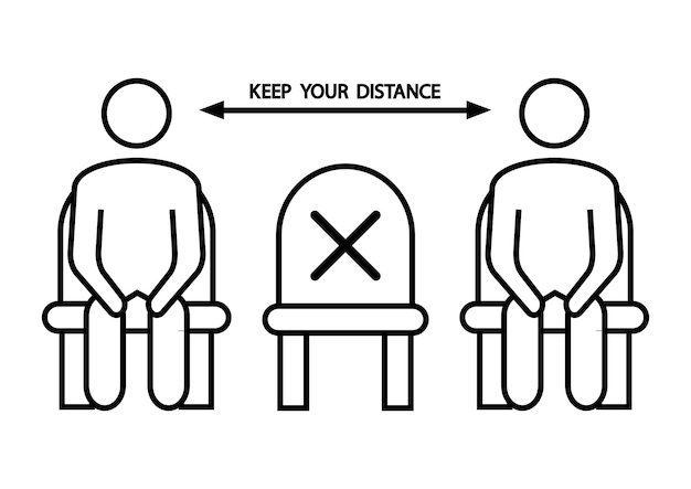 Do not sit here. Forbidden icon for seat. Social distancing, physical distancing sitting in a public chair, outline icon. Keep your distance. Vector illustration