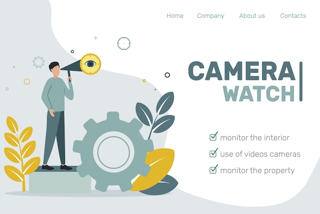 Site header CCTV Remote access Video surveillanceA man is watching through a telescope standing on a step next to a gear Vector illustration