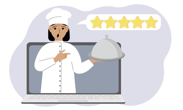 A site with reviews of online grocery shopping through a laptop or ordering fast food delivery the cook holds a tray with a lid or a plate with a lid