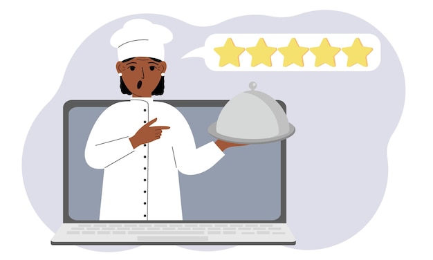 A site with reviews of online grocery shopping through a laptop or ordering fast food delivery The cook holds a tray with a lid or a plate with a lid