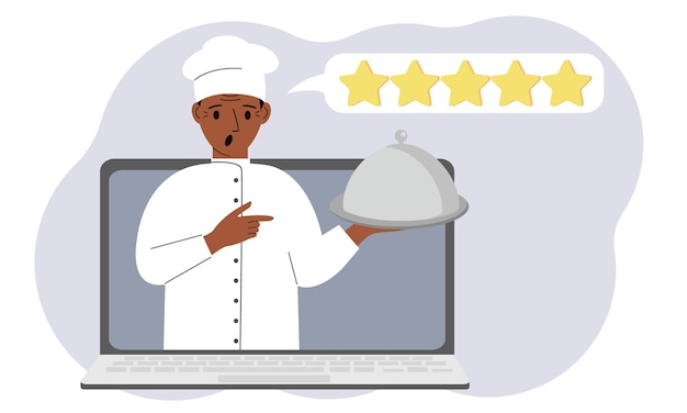 A site with reviews of online grocery shopping through a laptop or ordering fast food delivery the cook holds a tray with a lid or a plate with a lid