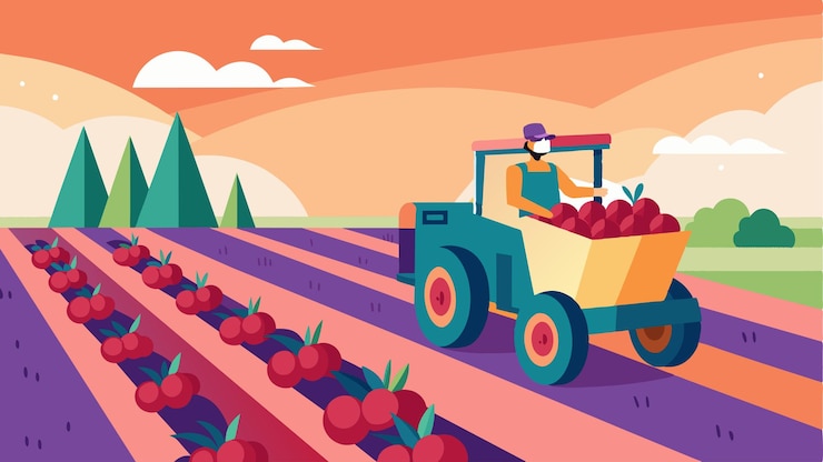 Vector sitting atop a tractor a farmer oversees his fields as robotic machines move through the rows