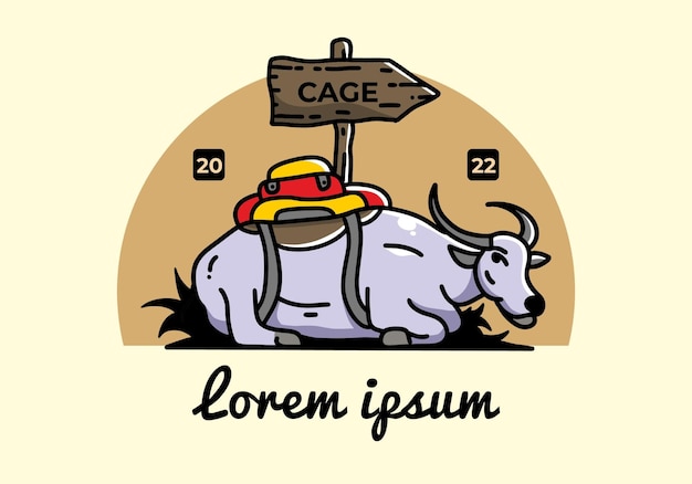 Disegno del distintivo dell'illustrazione di vettore dell'animale del bufalo seduto