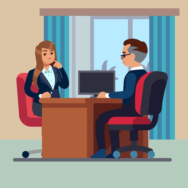 Сидя бизнесмен консультант и женщина встретиться, чтобы взять интервью говорить работу вектор концепции