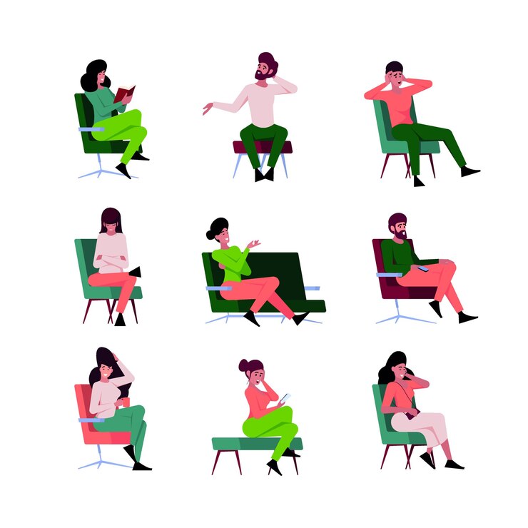 Vector sitting characters people in various poses sitting on chairs and modern furniture consult persons talking garish vector cartoon stylyzed illustrations