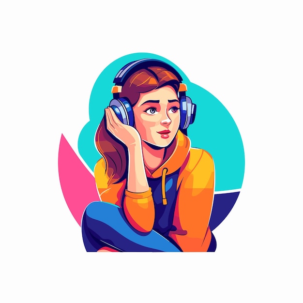 Sitting girl talking in the headphones Vector illustration