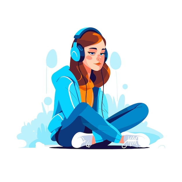 Sitting girl talking in the headphones Vector illustration