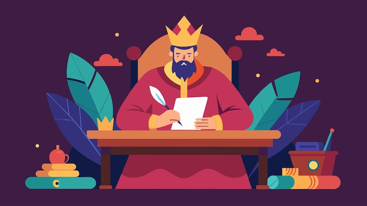 Vector sitting at his writing desk the emperor journals about his thoughts and emotions processing them