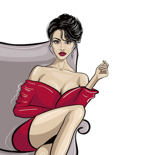 Vector sitting lady in red dress with hand keeping something