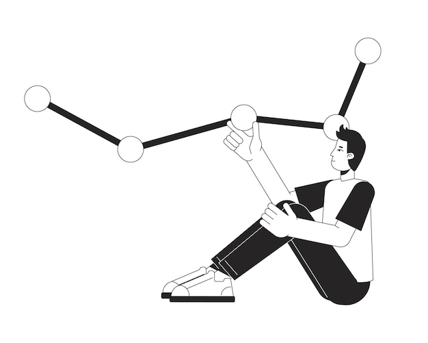 Sitting man with line graph flat line black white vector character