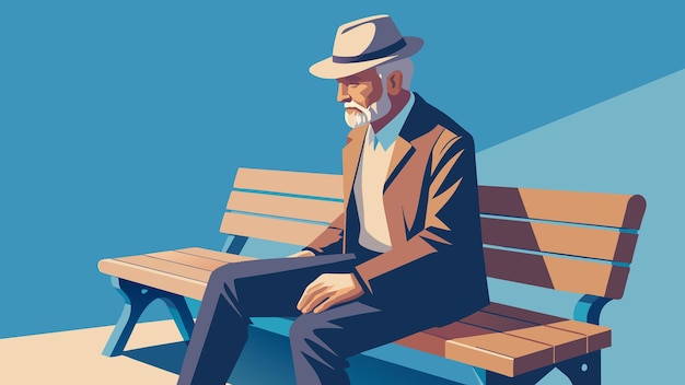 Vettore seduto su una panchina del parco un signore anziano indossa con orgoglio una giacca di pelle d'epoca tramandata a