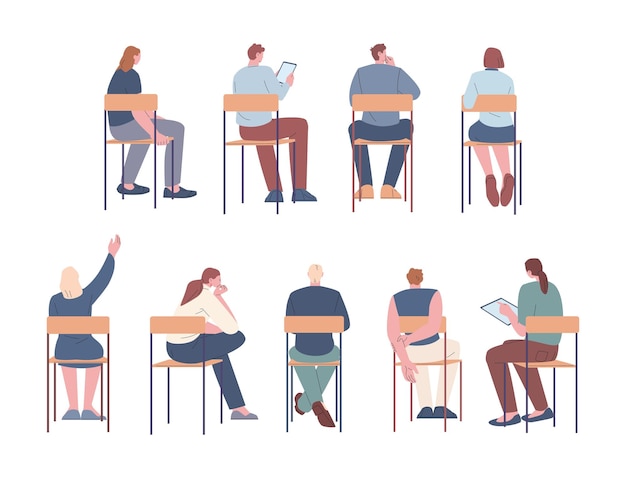 Sitting people on chairs back view Isolated sit adult student on lecture or business training conference audience Kicky vector characters