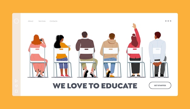 Vector sitting people rear view landing page template. young men and women characters sit on chairs in row, students back view