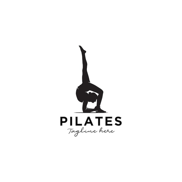 Seduta posa pilates donna silhouette ragazza con bellezza corpo capelli e viso in palestra logo design