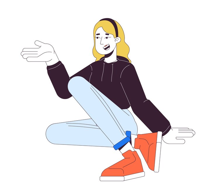 Vector 앉아있는 여성이 적극적으로 제스처하는 2d 선형 만화 캐릭터