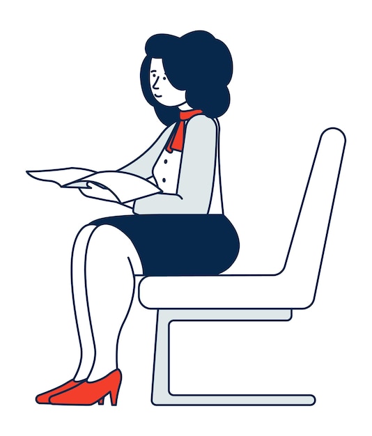 Sitting woman reading magazine Waiting person character