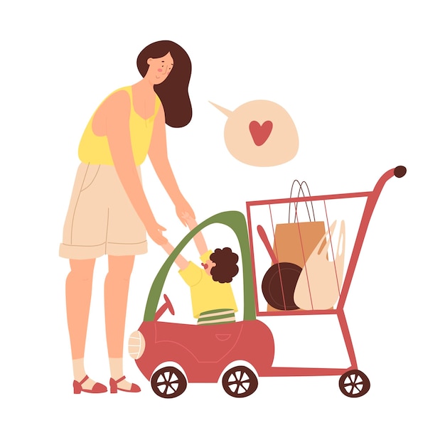 Situatie in supermarkt vrouw praat met haar baby zit in kinderwagentje koop goederen liefdesbubbel