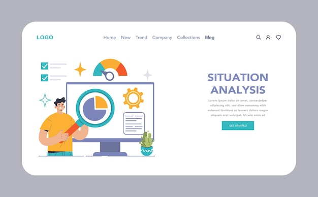 Situatieanalyse concept man bekijkt pie chart op monitor gears churn checklist in het spel