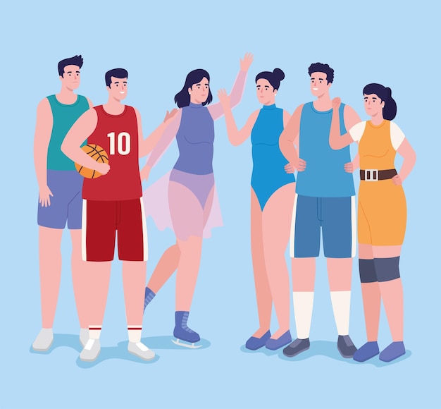 Six athletes sport characters