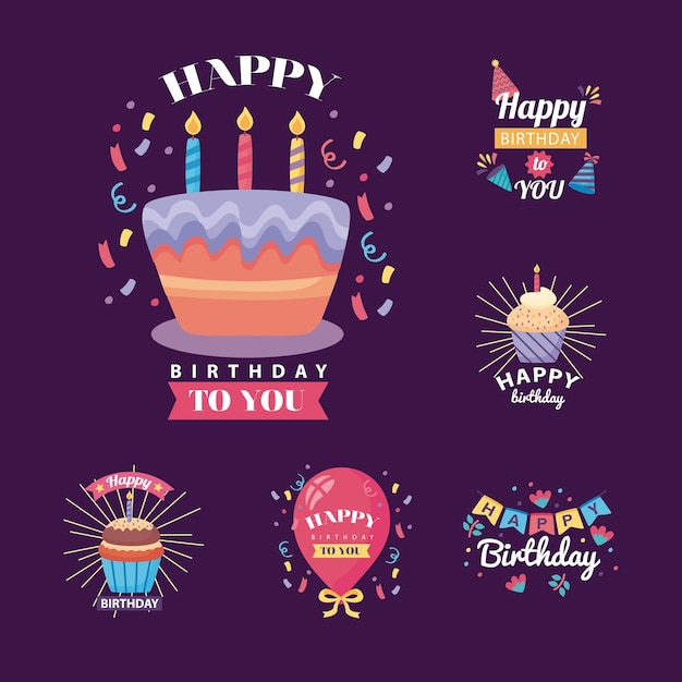 six badges happy birthday with decoration  illustration design