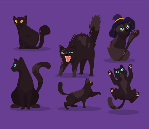 Vector six black cats mascots