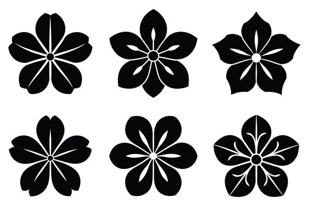 six black line art illustrations of geranium flowers