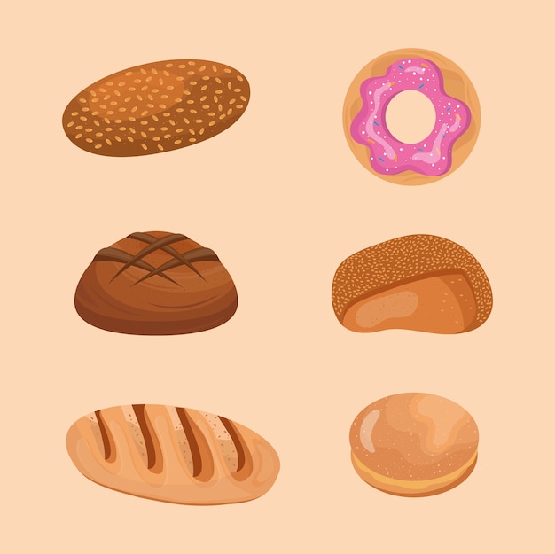 Vector six breads delicious pastry products icons.