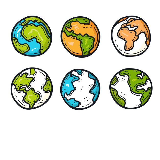 Vector six cartoon planet earth illustrations featuring different landmasses oceans handdrawn globes