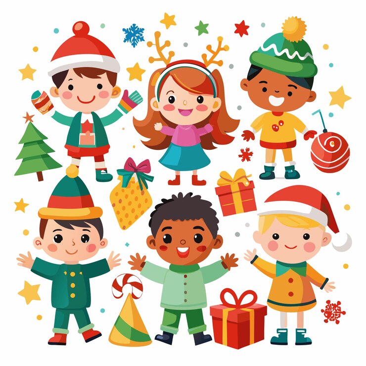Vector six cheerful kids in winter clothes holding christmas presents and decorations