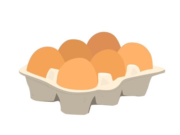 Six chicken eggs in a carton box Vector flat illustration on black background