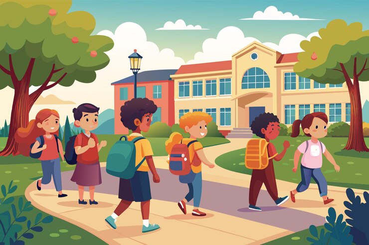 Vector six children happily walking towards school on a sunny day they carry backpacks and smile as they pass green grass and trees