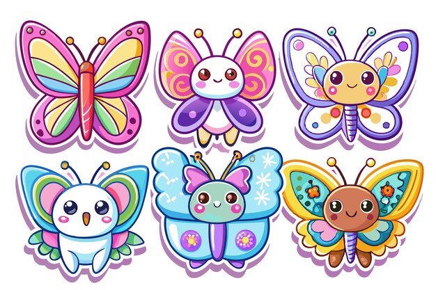 Vector six colorful cartoon butterflies with cute faces