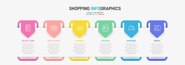 Six colorful graphic elements Concept of shopping process with 6 successive steps