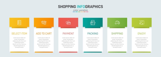 Six colorful graphic elements concept of shopping process with 6 successive steps