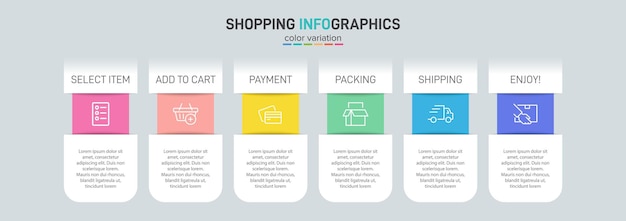 Six colorful graphic elements concept of shopping process with 6 successive steps