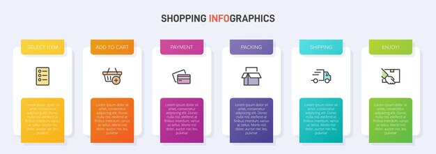 Шесть красочных графических элементов для последовательных шагов процесса покупок с иконками и текстом