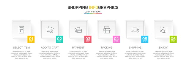 ショッピングのための6つのカラフルなグラフィック要素は、アイコンとテキストで連続したステップを処理します