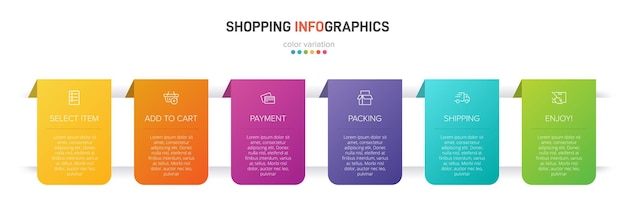아이콘과 텍스트가있는 쇼핑 프로세스 연속 단계를위한 6 개의 다채로운 그래픽 요소