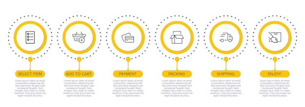 Sei elementi grafici colorati per i passaggi successivi del processo di acquisto con icone e testo