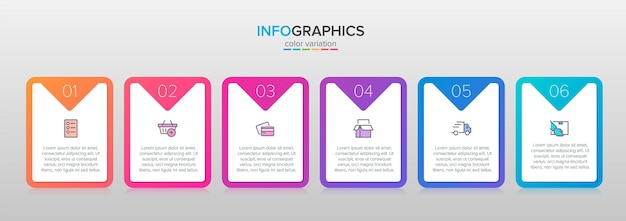 Six colorful graphic elements for shopping process successive steps with icons and text