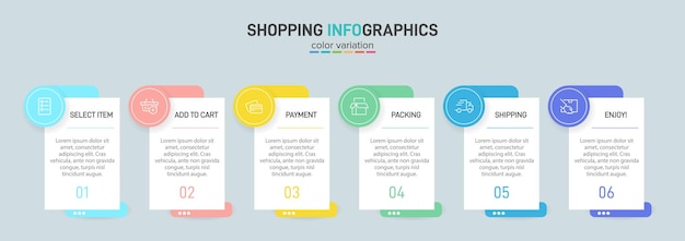 ショッピングのタイムラインを持つ6つのカラフルなグラフィック要素