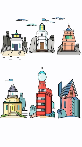 Vector six colorful handdrawn buildings various architectural styles white isolated background