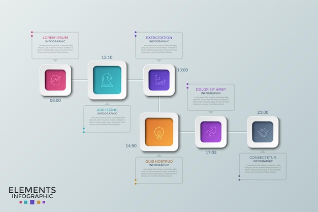 内部に細い線のアイコンがあり、タイム表示がタイムラインに配置された6つのカラフルな正方形の要素。手帳のコンセプト、アポイントメントプランニング。インフォグラフィックデザインテンプレート。ベクトルイラスト。