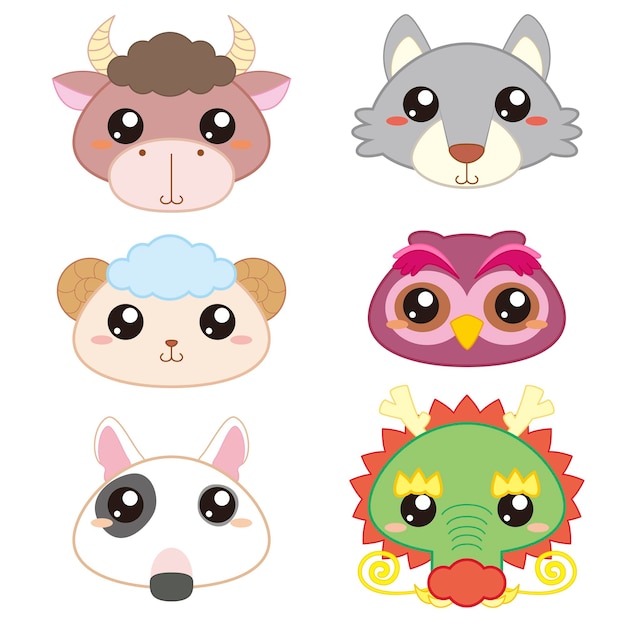 Vector six cute cartoon animal head icons