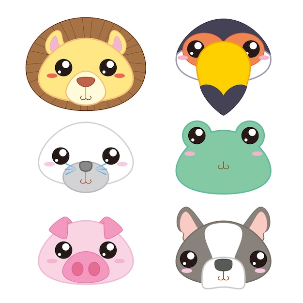 Vector six cute cartoon animal head icons