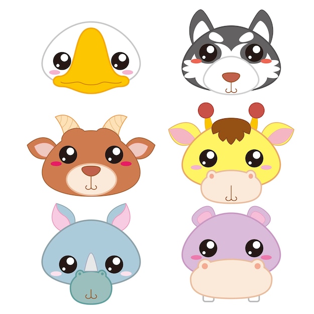 Vector six cute cartoon animal head icons