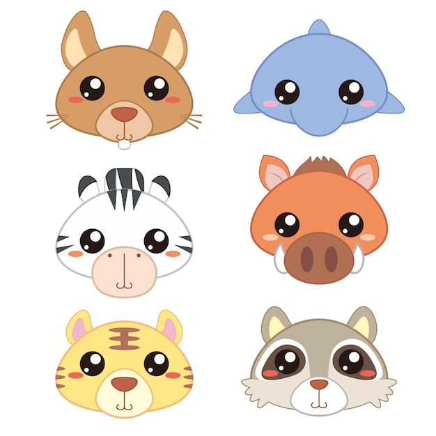 Vector six cute cartoon animal head icons