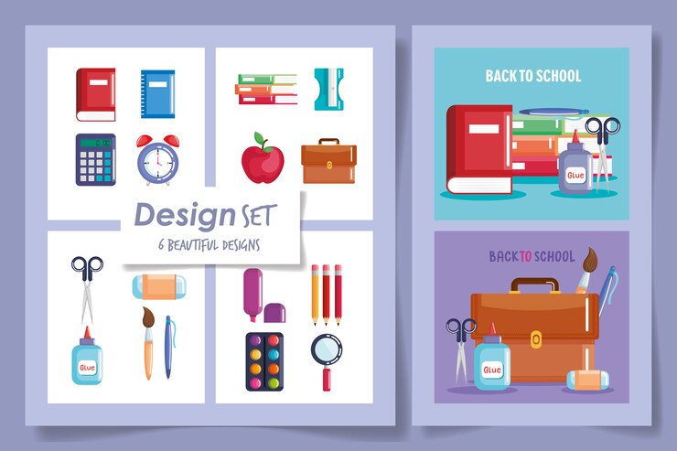 Vector six designs of back to school supplies
